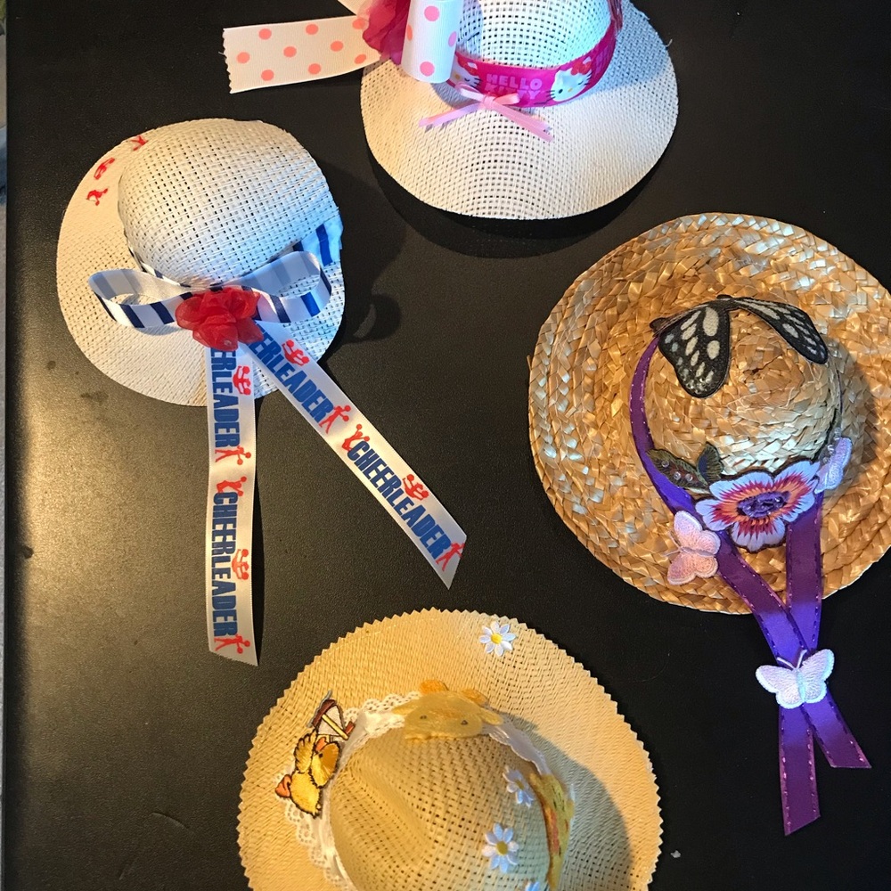 American doll size Vintage straw hats lot 5 cheerleader cat Butterfly flower